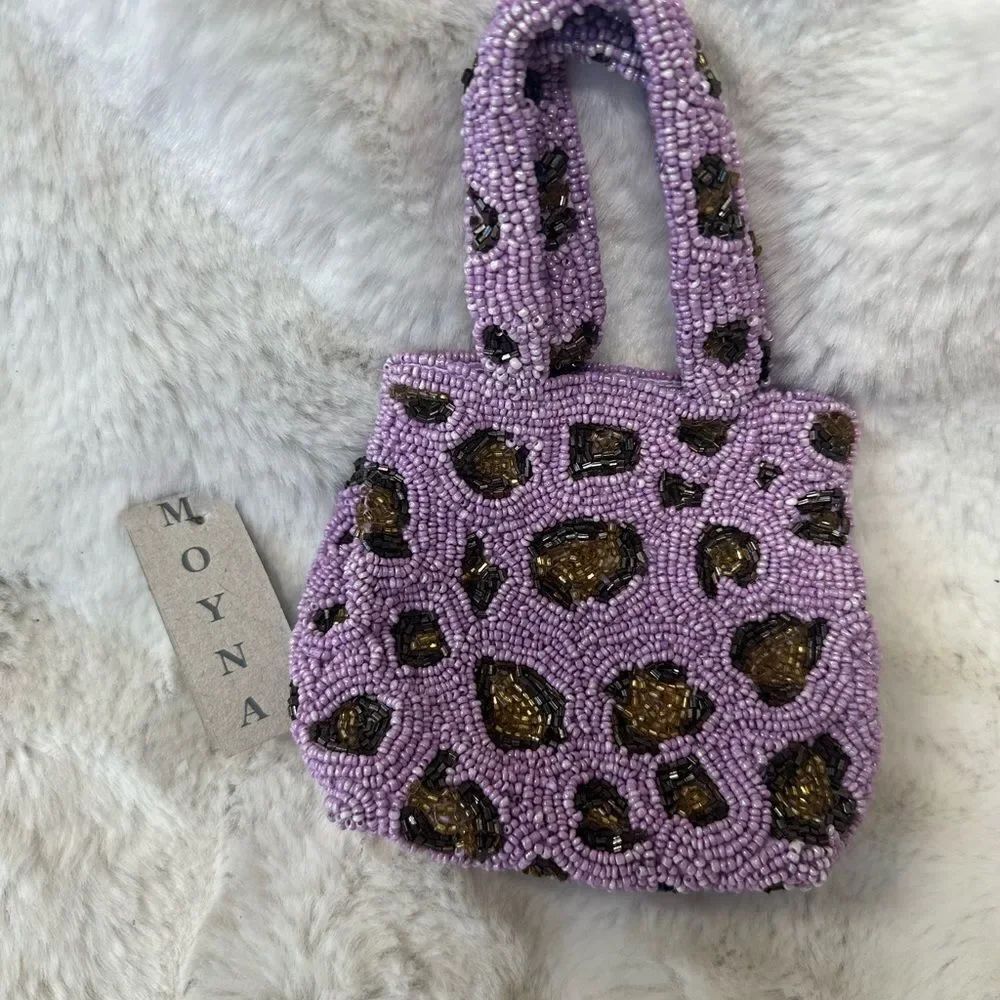 NEW MOYNA Y2K handmade beaded lavender leopard nano mini purse bag